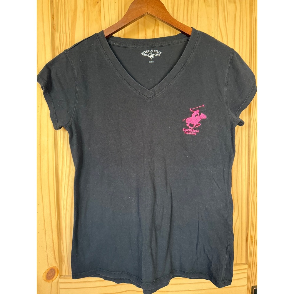Beverly Hills Polo Club Womens V-Neck T-Shirt Black Pink Embroidered Logo Large